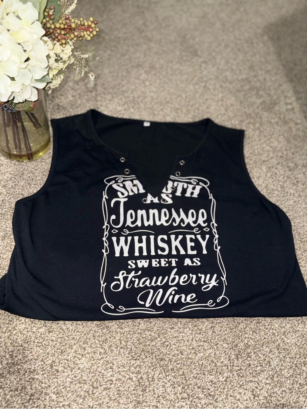 Black Graphic Sleeveless Tank - Tennessee Whiskey Strawberry Wine